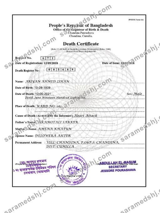 Bangladesh Death certificate template in PSD format,